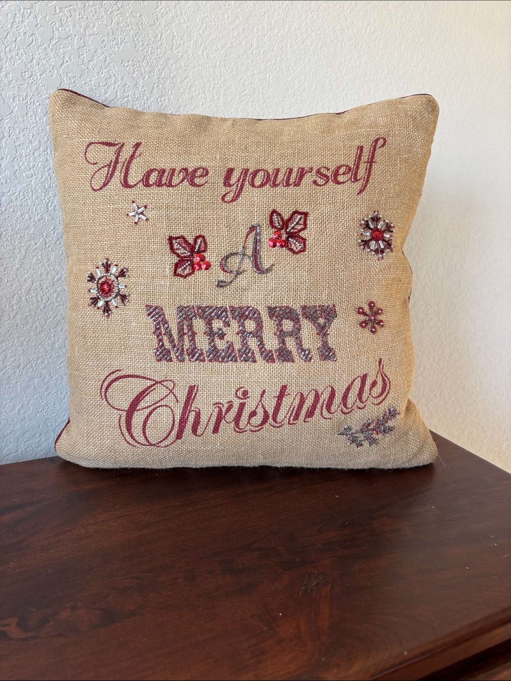 Sparkly “Have yourself a Merry Christmas” rustic burlap style pillow
